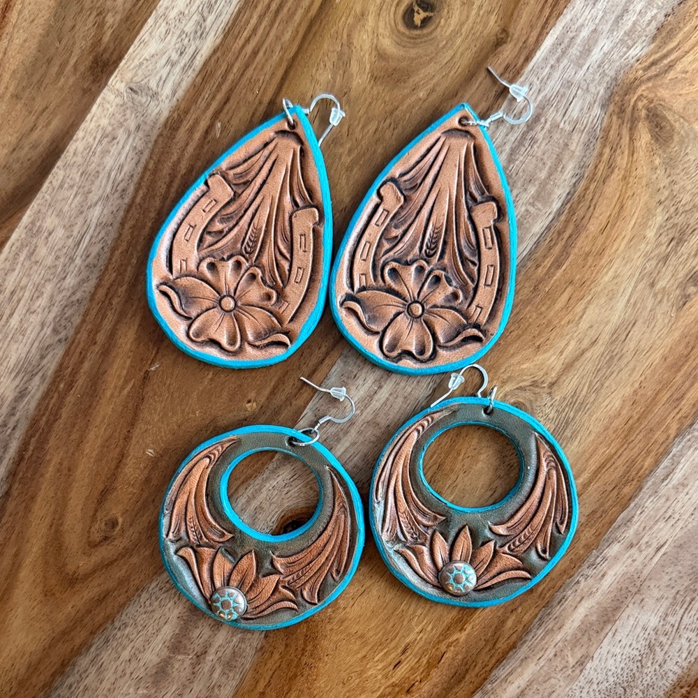 Leather Tooled Turquoise Floral Earrings Set